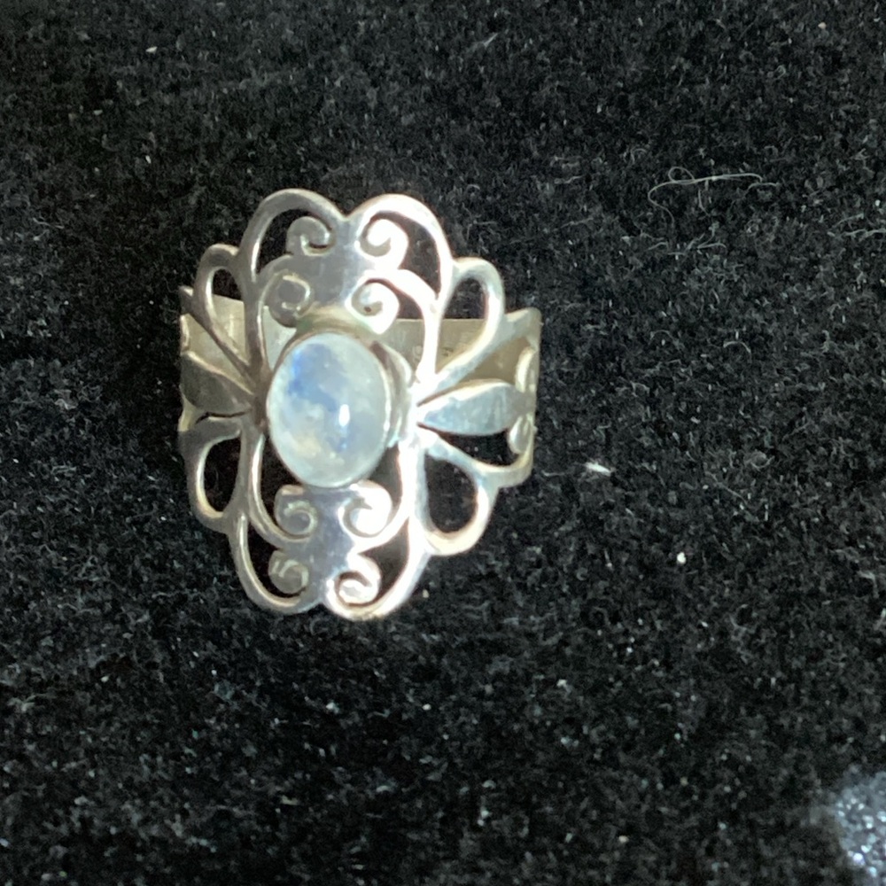 8 3/4 Sterling Moonstone Ring Cut Work Setting Swirls